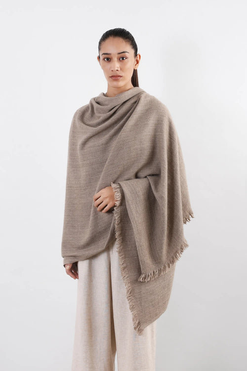 Brown-grey Changla Pashmina Shawl with hand-finished fringe detail
