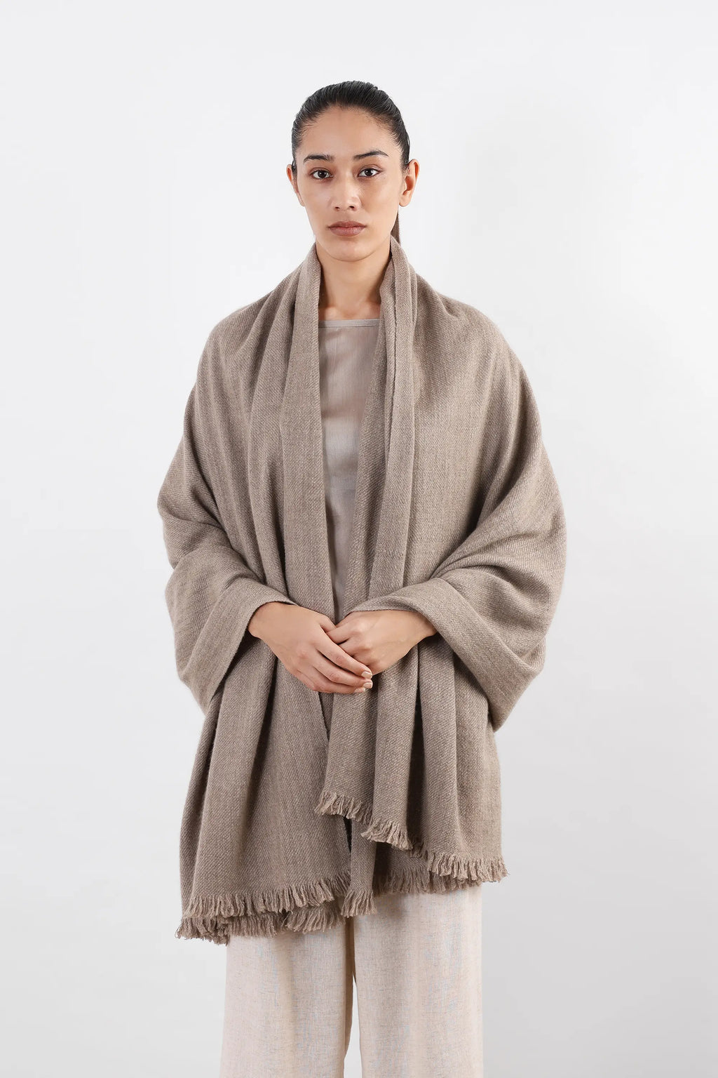 Brown-grey Changla Pashmina Shawl with fringed edges