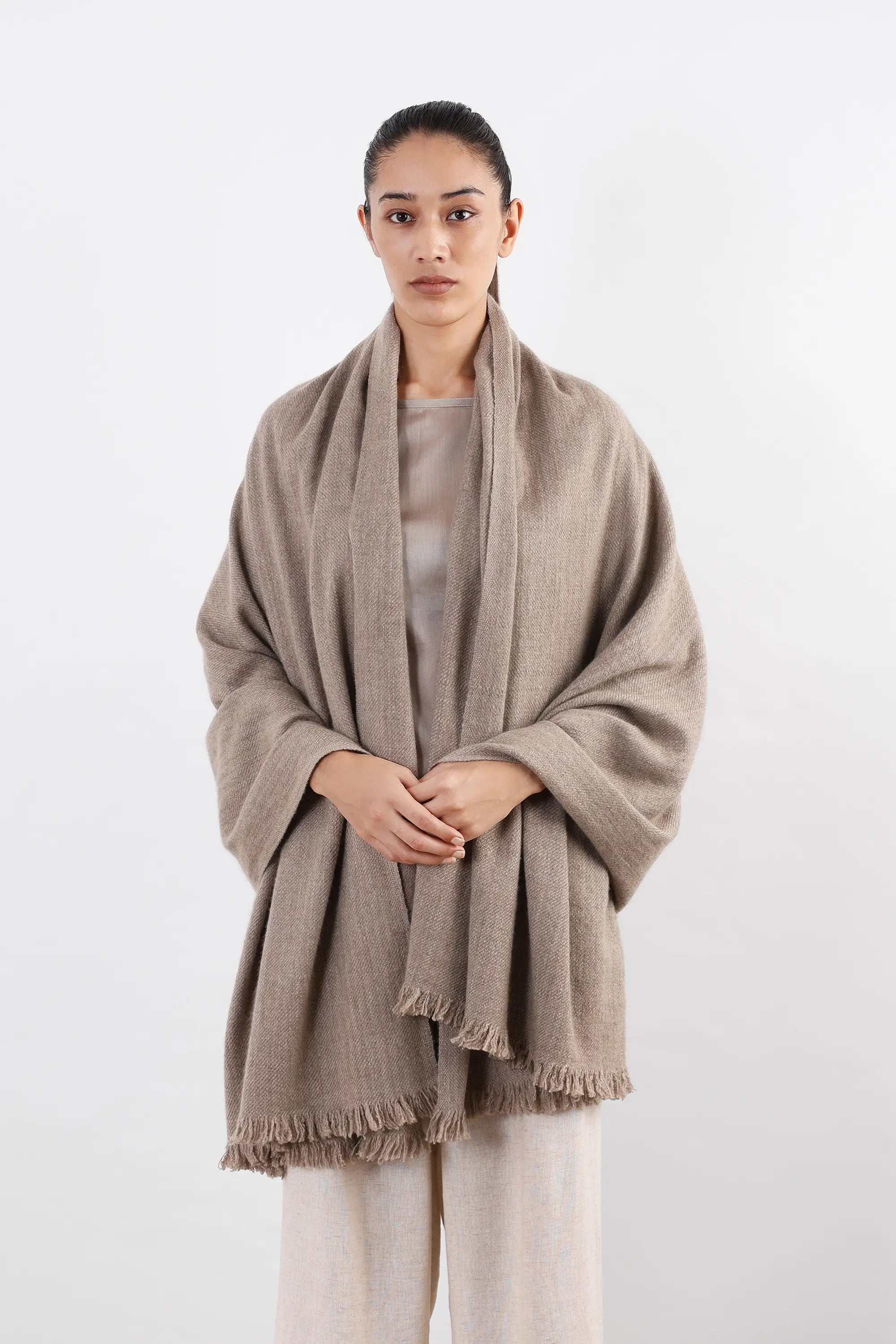 Brown-grey Changla Pashmina Shawl with fringed edges