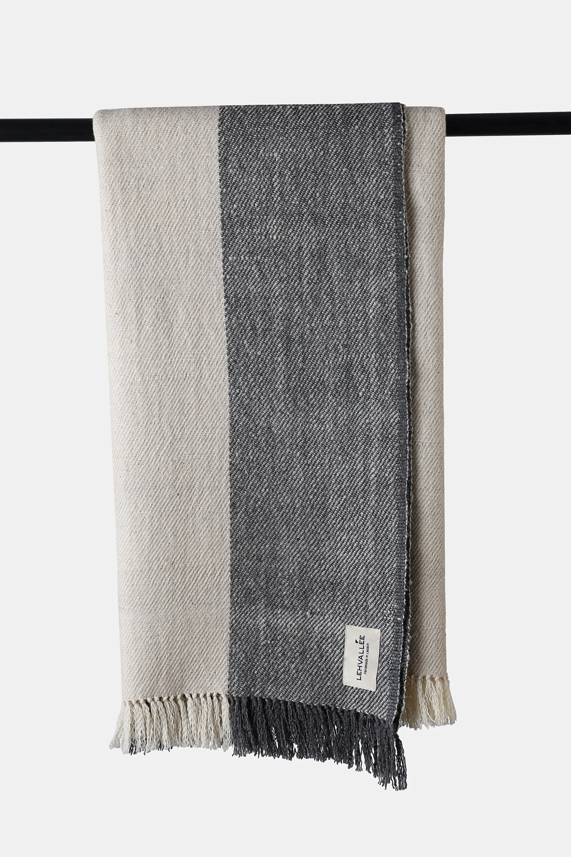 Ivory and charcoal colour-block design Changla Top Wool Throw with fringed edges