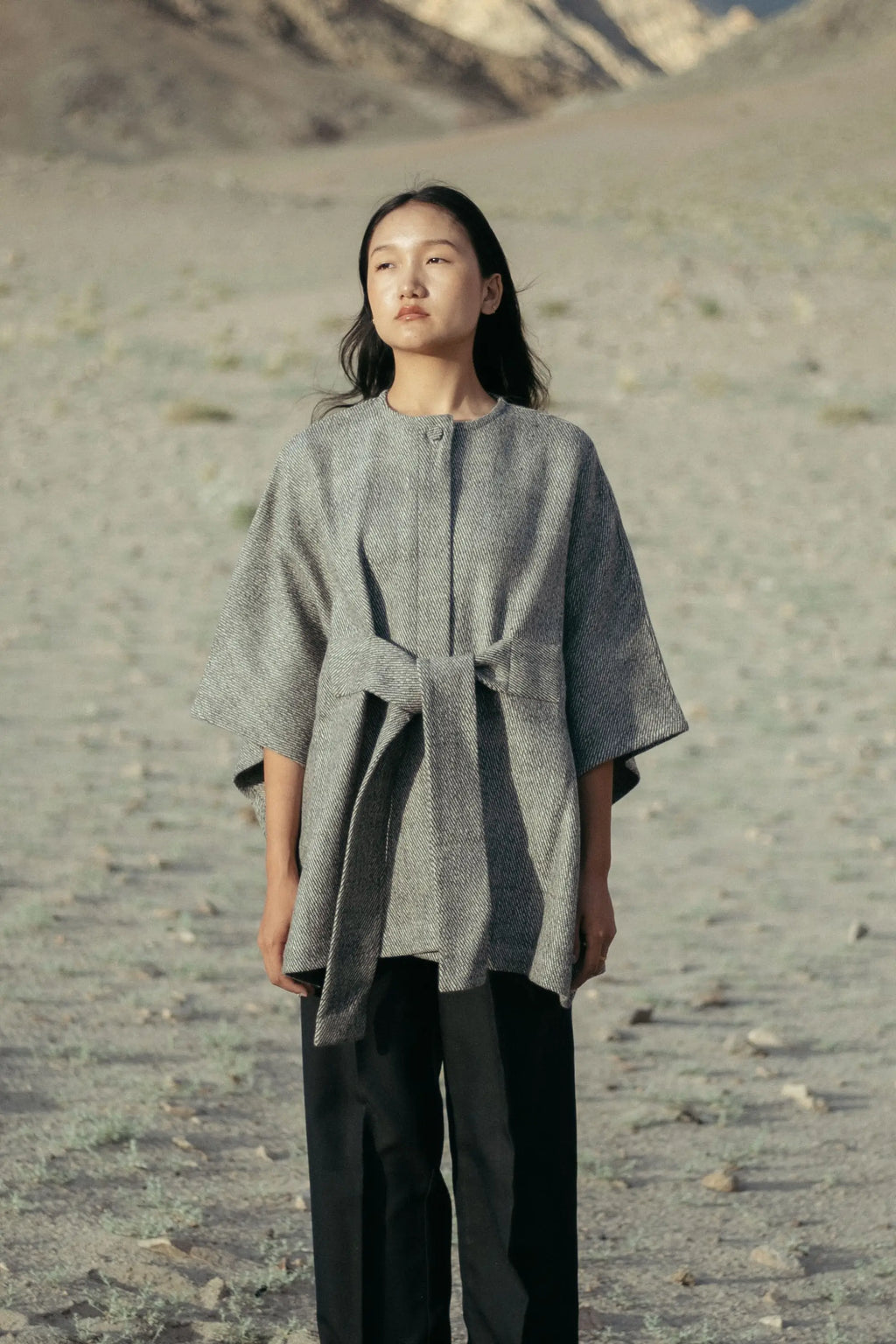 Choya Wear with self-tie belt in handwoven pure wool