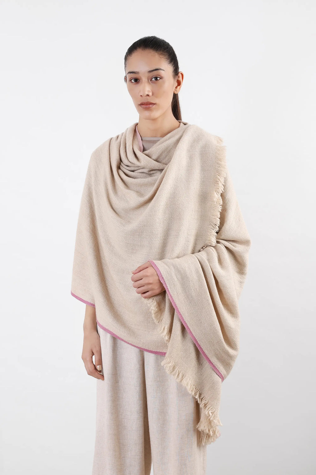Cream, white, and beige Chuma Pashmina Shawl with pink border