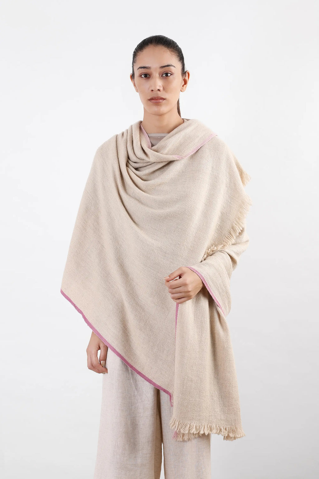 Cream, white, and beige Chuma Pashmina Shawl with woven texture and pink border