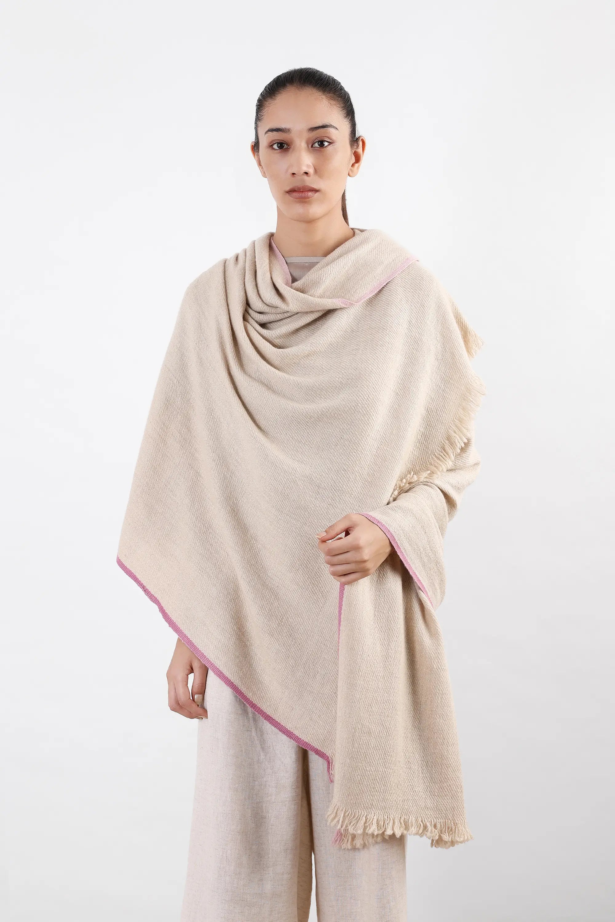 Cream, white, and beige Chuma Pashmina Shawl with woven texture and pink border