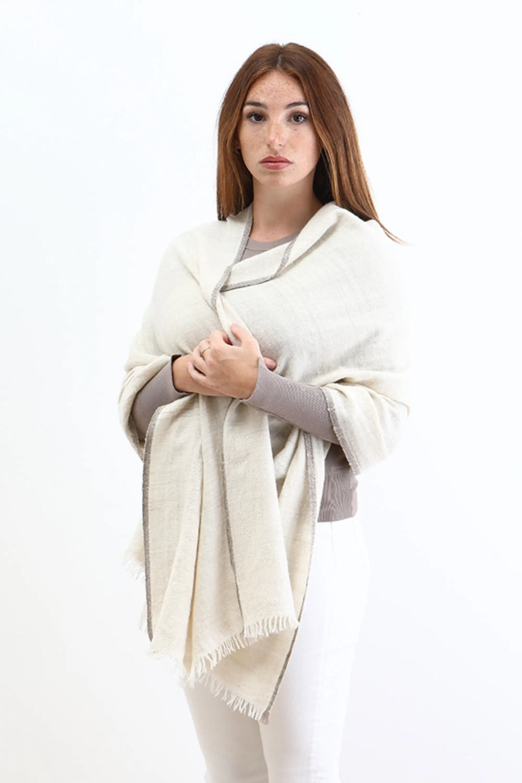 Natural white Domkhar Pashmina Stole with grey-brown borders