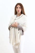 Natural white Domkhar Pashmina Stole with grey-brown borders