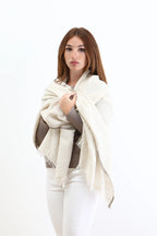 Natural white Domkhar Pashmina Stole with contrasting grey-brown border