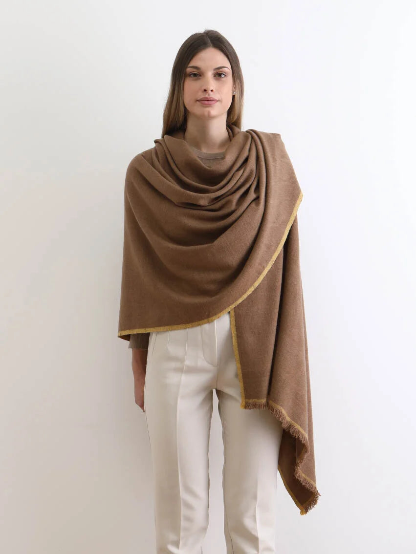 Walnut brown Khaltsey Pashmina Shawl with marigold yellow border