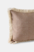 Rectangular Khardung Mist cushion with walnut-dyed yarn and fringed edges