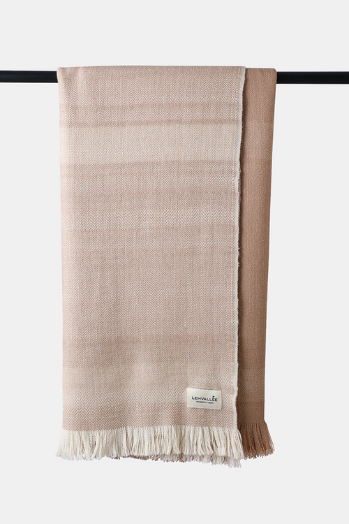 Khardung Mist Wool Throw with walnut husk dyed stripes and fringed edges