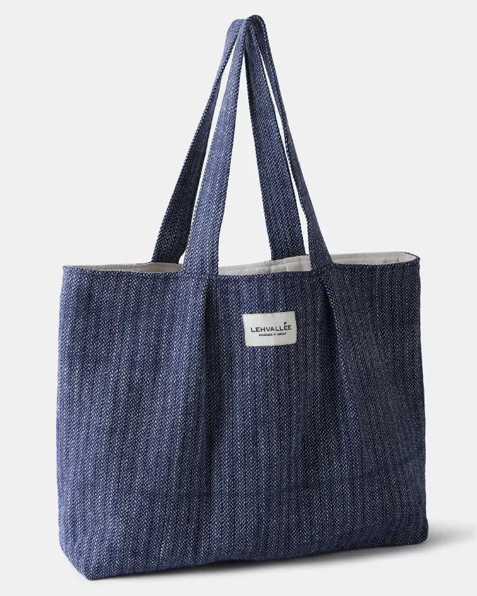 Lobta Blue Tote Bag in natural white and indigo handwoven wool