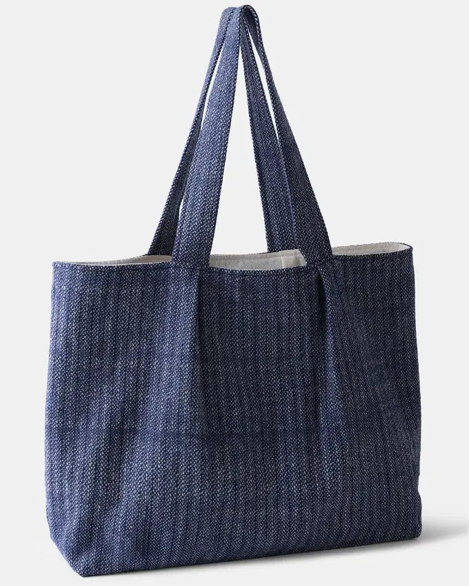 Lobta Blue Tote Bag showcasing natural undyed and indigo-dyed wool weave