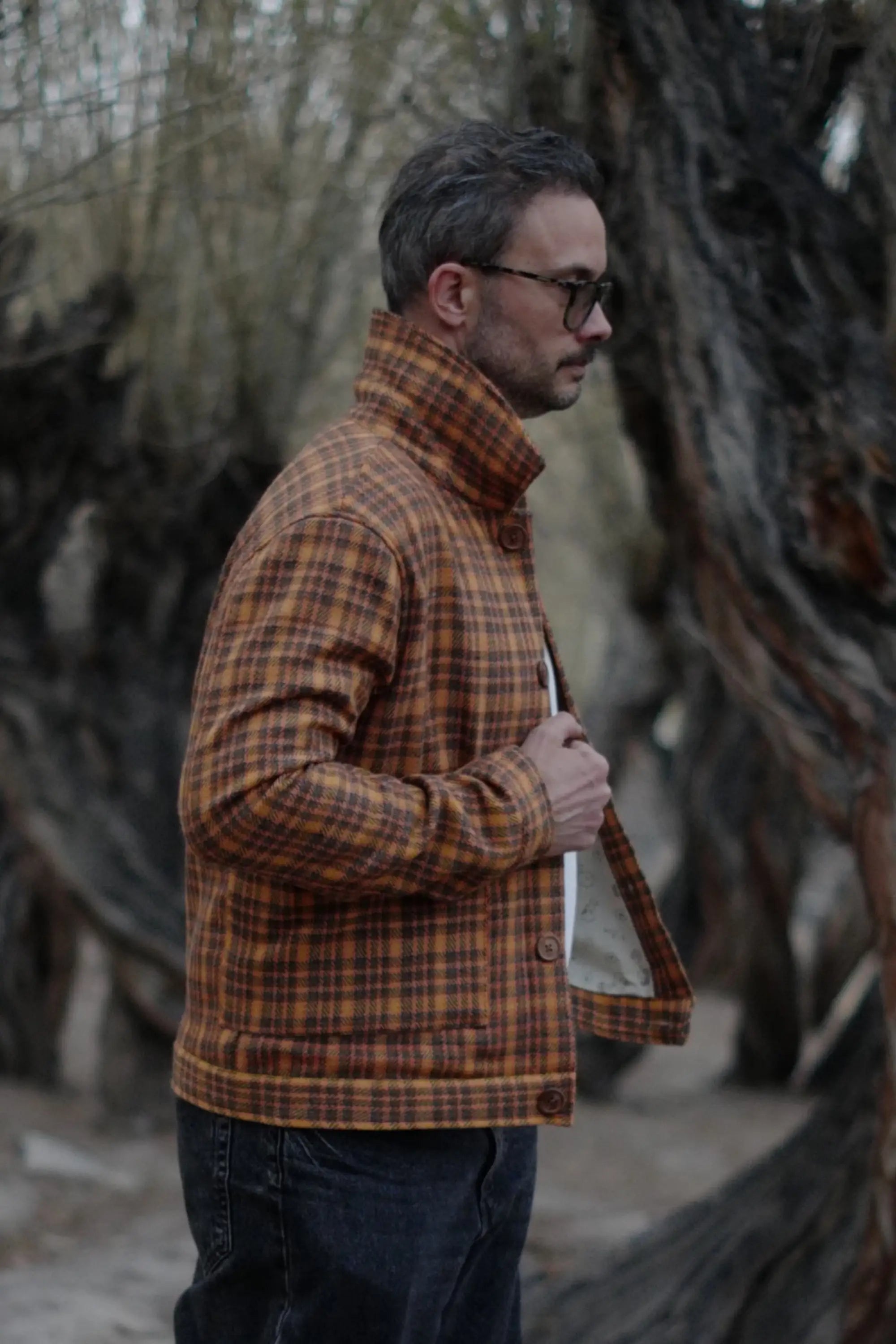 MJ Bomber Jacket in handwoven wool with marigold, walnut brown, and madder orange checks