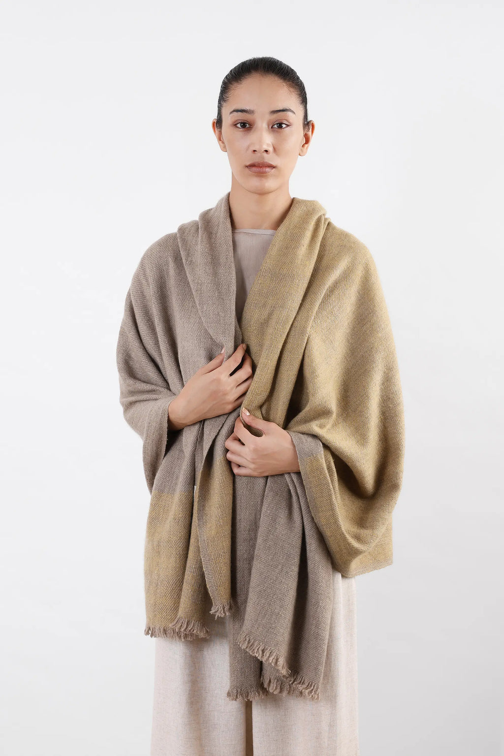 Grey, beige, and yellow Mudh Pashmina Shawl with natural woven texture