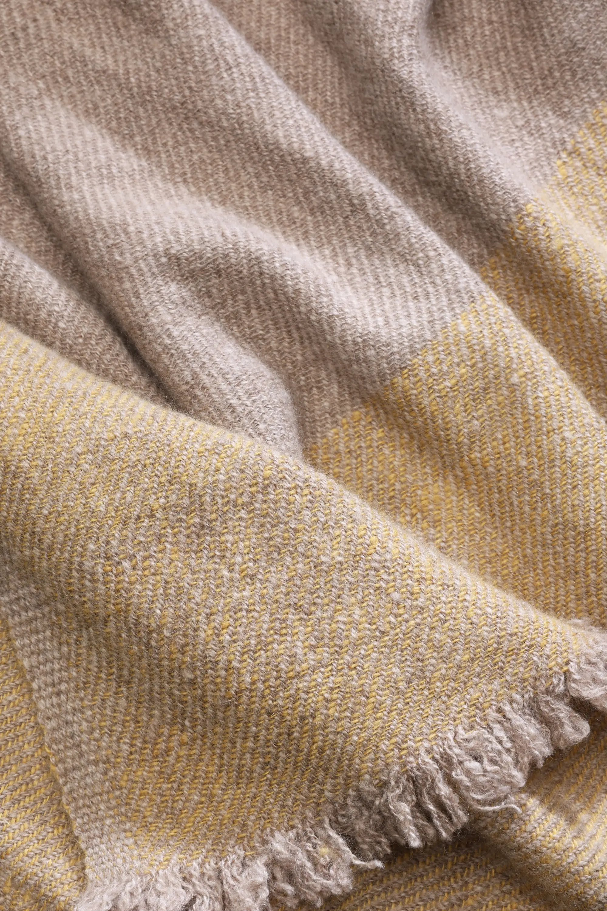 Handwoven Mudh Pashmina Shawl in grey, beige, and yellow