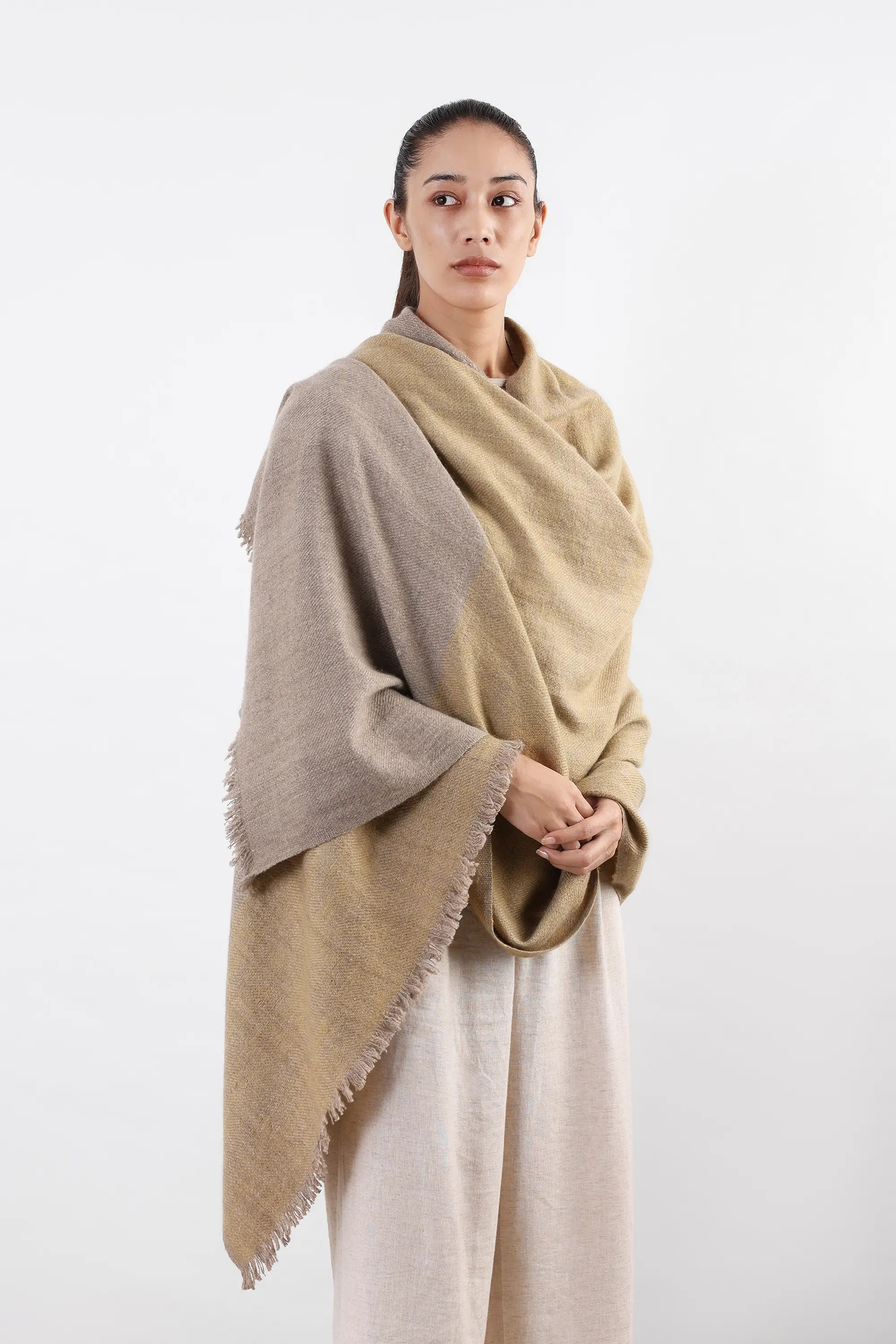 Grey, beige, and yellow Mudh Pashmina Shawl with fringed edges