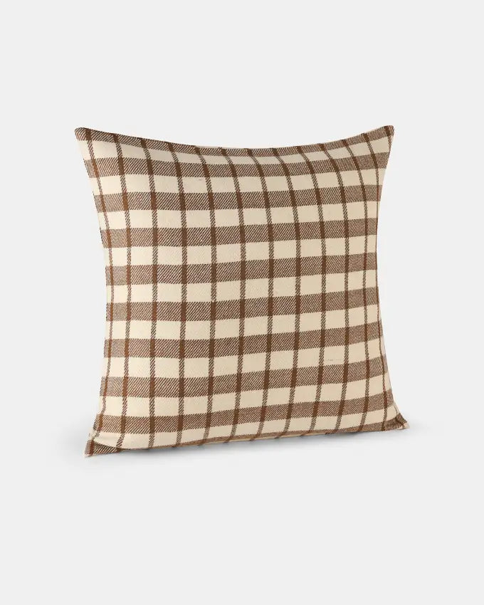 Nubra Dunes square cushion cover in natural white and walnut brown check pattern