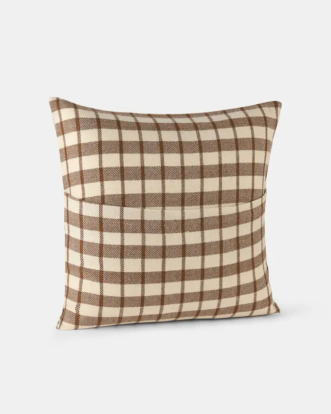 Natural white and brown Nubra Dunes square cushion cover with woven check design