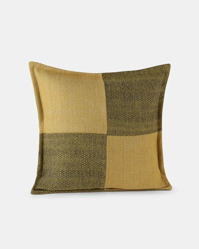 Padum Weave square cushion in natural grey and marigold yellow patchwork