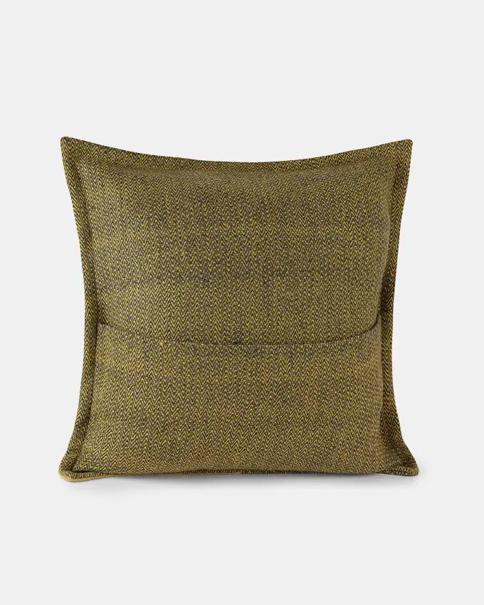 Grey and marigold Padum Weave square cushion with patchwork design