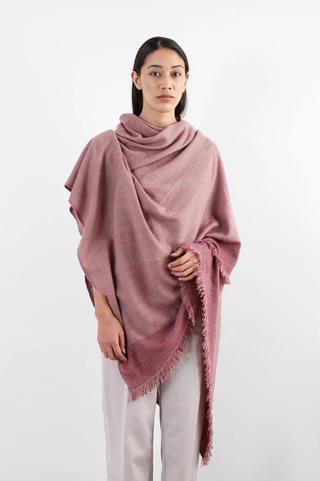 Pink Puga Pashmina Shawl with woven pattern and fringed edges