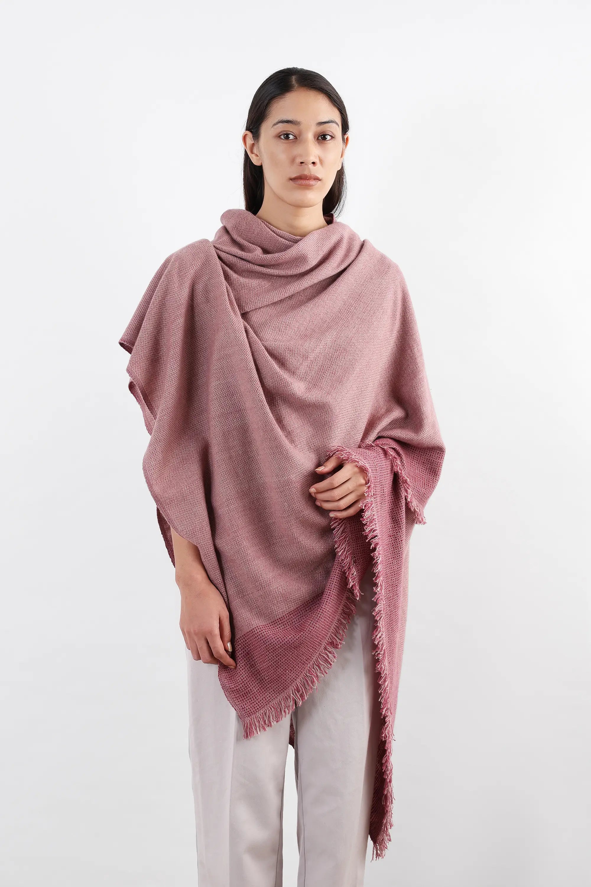 Pink Puga Pashmina Shawl with woven pattern and fringed edges