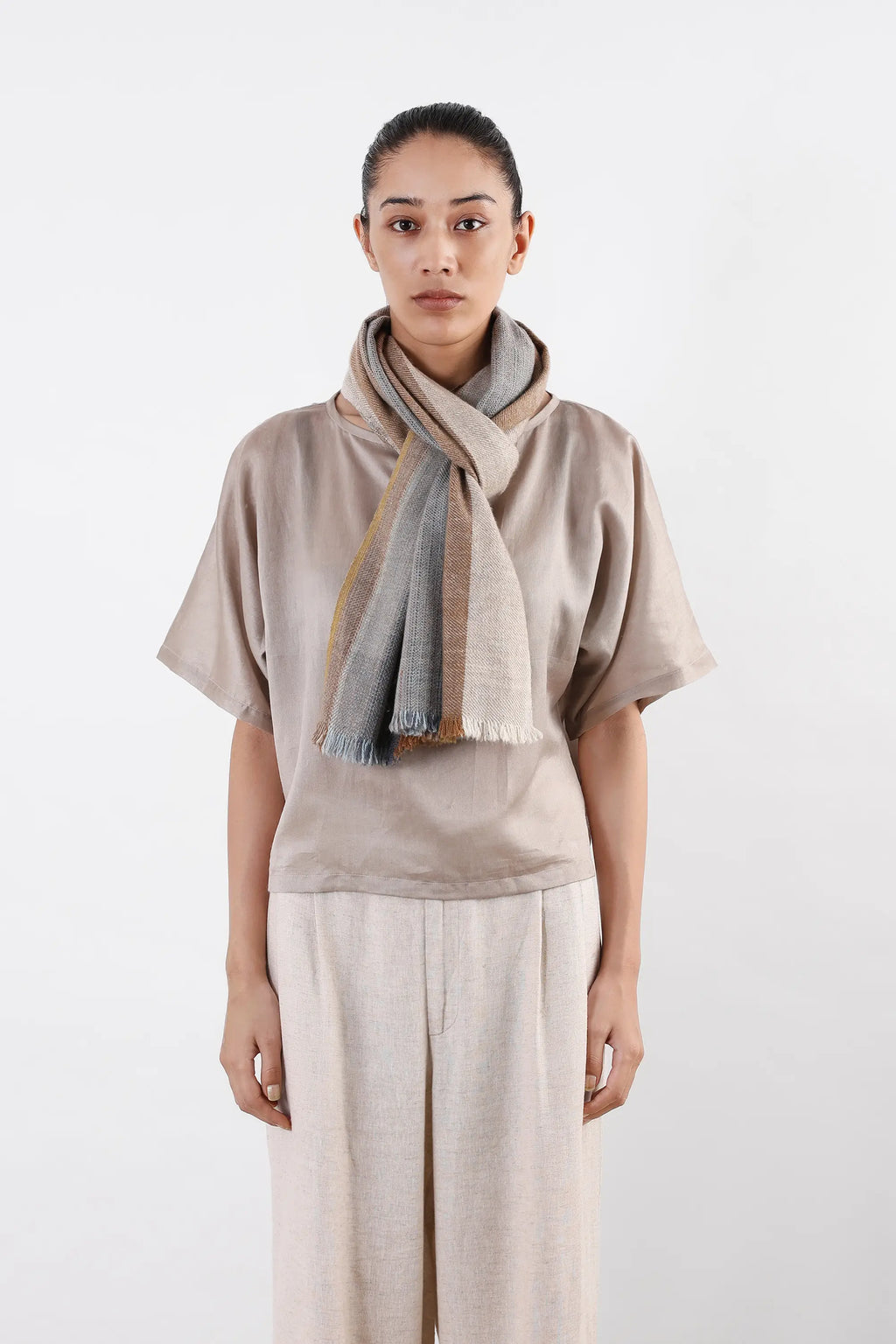 Rila Pashmina Scarf in natural beige with indigo, walnut, and marigold tones