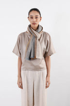 Rila Pashmina Scarf in natural beige with indigo, walnut, and marigold tones