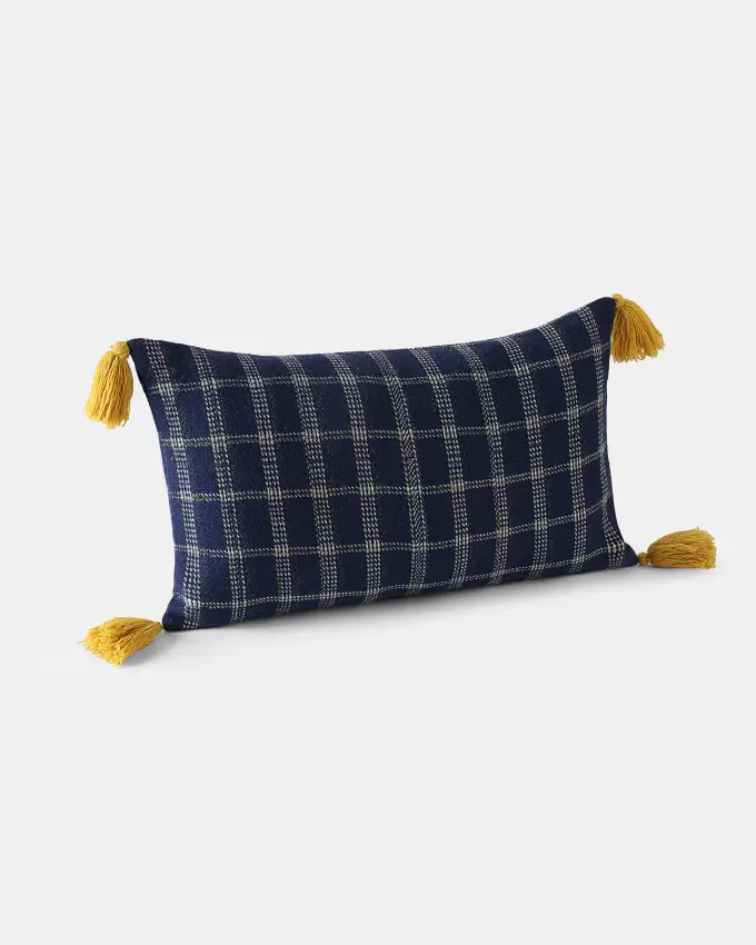 Shey Sunset rectangle cushion cover in indigo blue and natural white check pattern