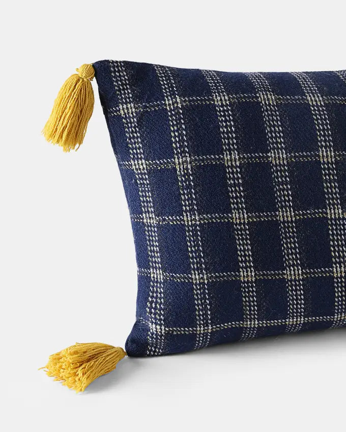 Handwoven Shey Sunset rectangle wool cushion cover with marigold yellow tassels