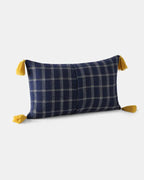 Indigo blue and white Shey Sunset rectangle cushion cover with check weave