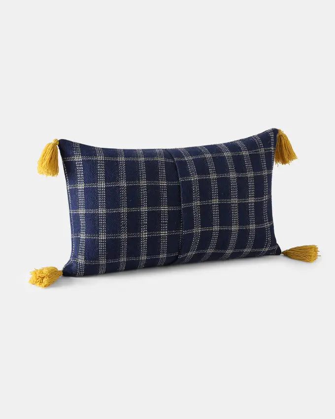 Indigo blue and white Shey Sunset rectangle cushion cover with check weave