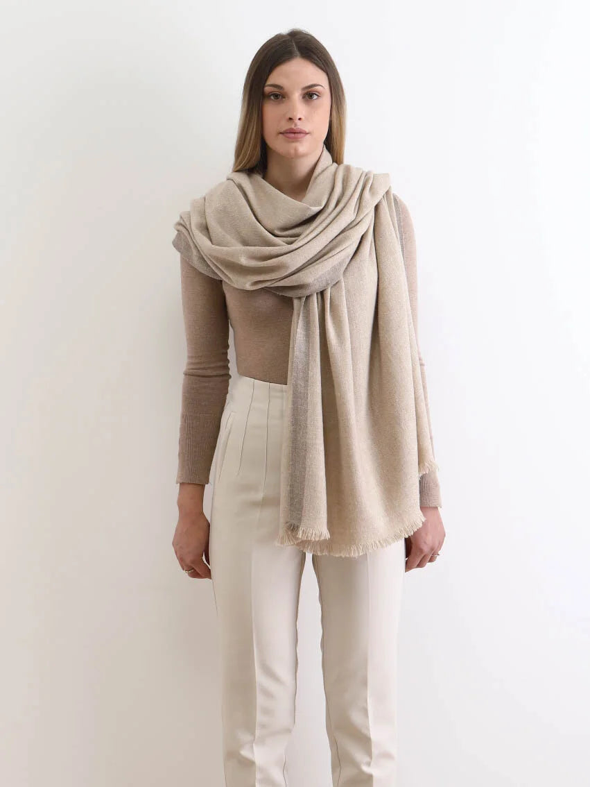 Light grey Thiksey Pashmina Stole with soft woven texture and border detail