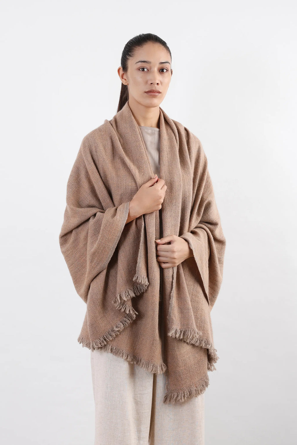 Wood brown and beige Yula Pashmina Shawl