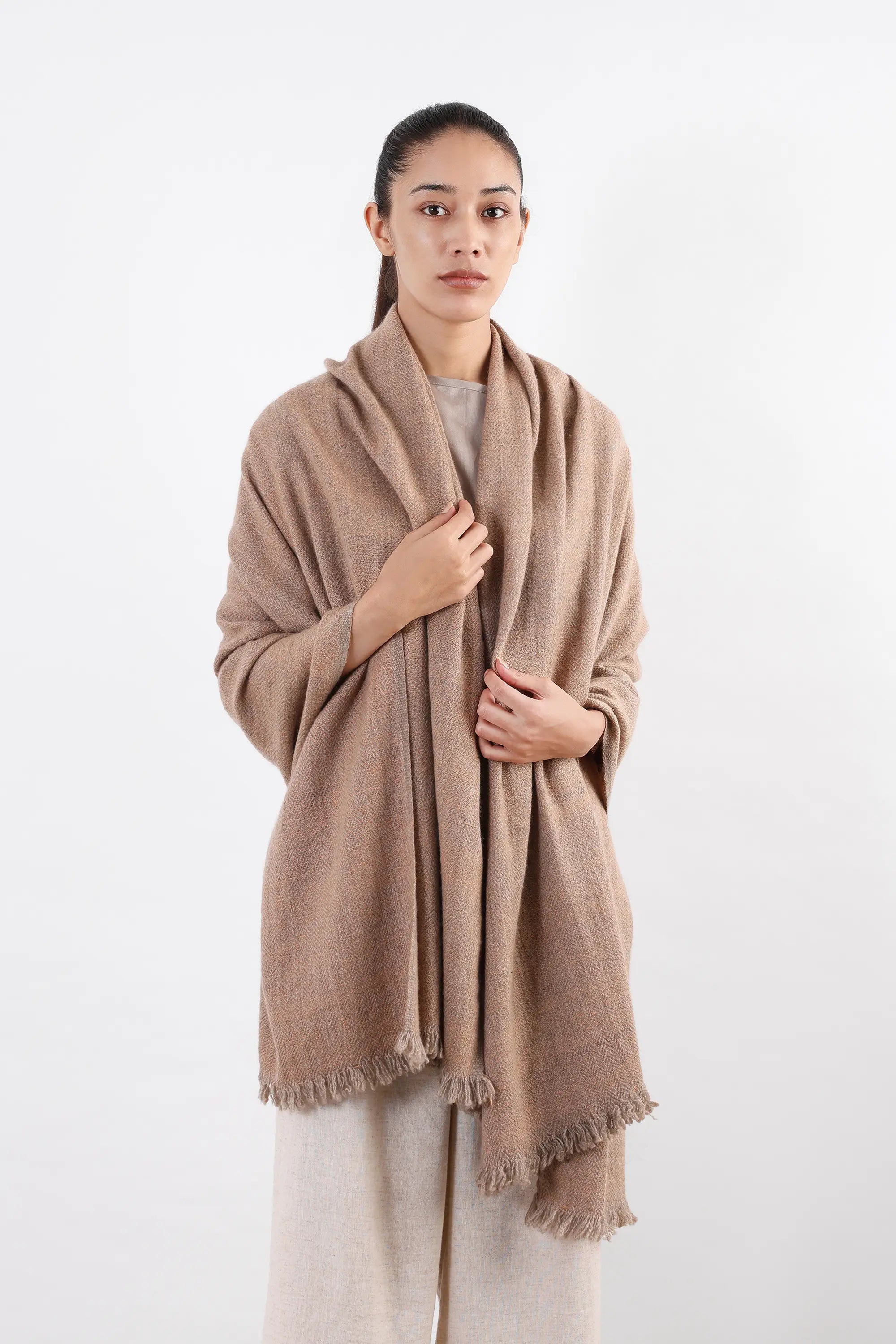 Wood brown and beige Yula Pashmina Shawl with natural woven texture